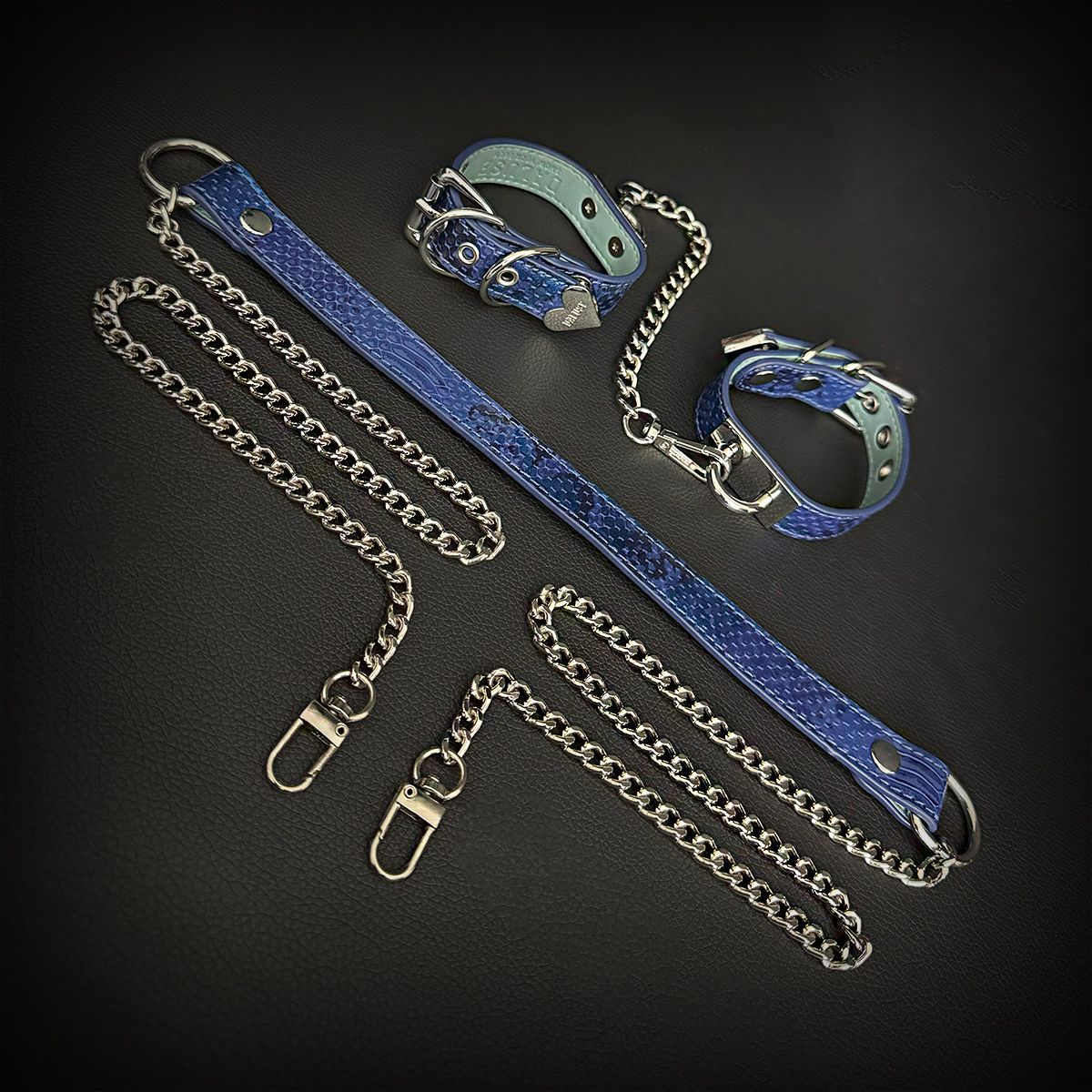 Daluse [Zora] Blue Snake Leather Double Titanium Steel Chain Choker And Blue Snake Leather Silver Chain Adjustable Cuff Combination