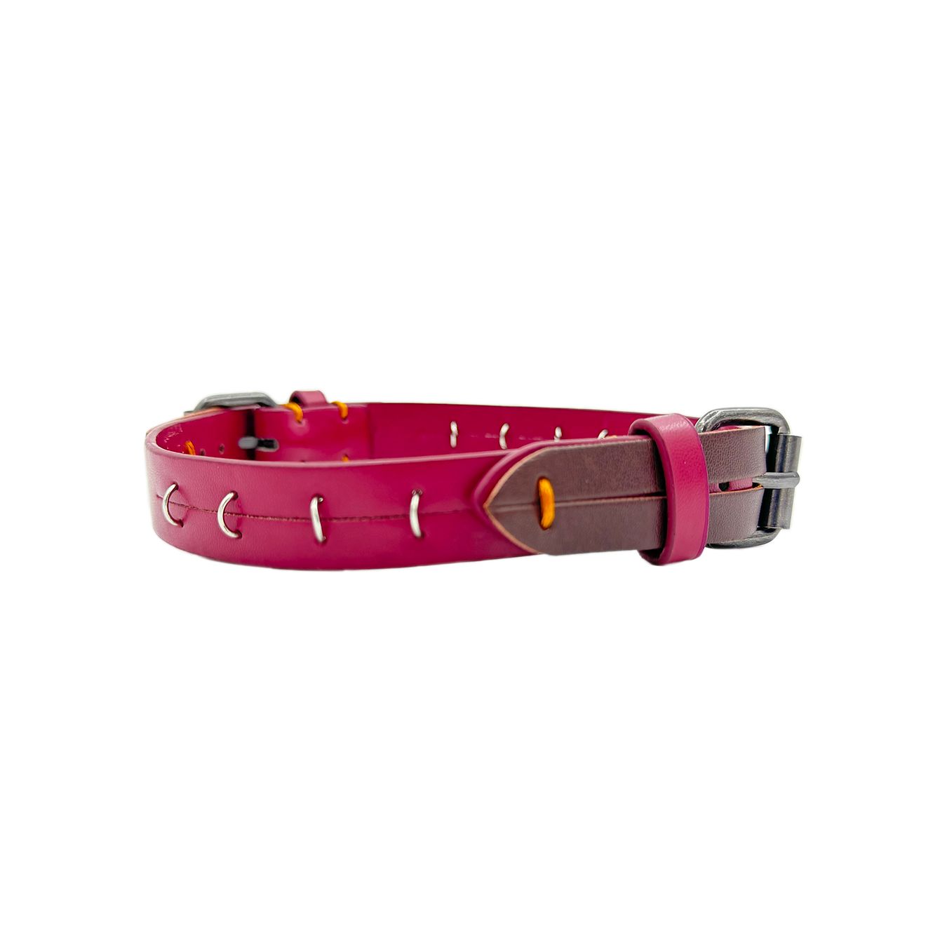 Daluse [Ember] Red Leather Silver Ring Stitching Splicing 2-In-1 Choker And Cuffs