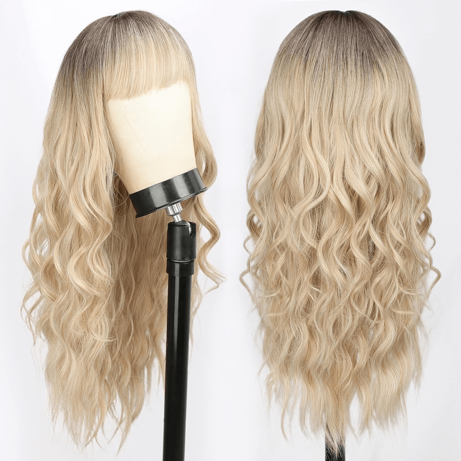 Blonde Wigs with Bangs Long Wavy Curly Ombre Blonde Wig Natural Looking Synthetic Heat Resistant Hair Wigs for Daily Party Wig 26 Inches