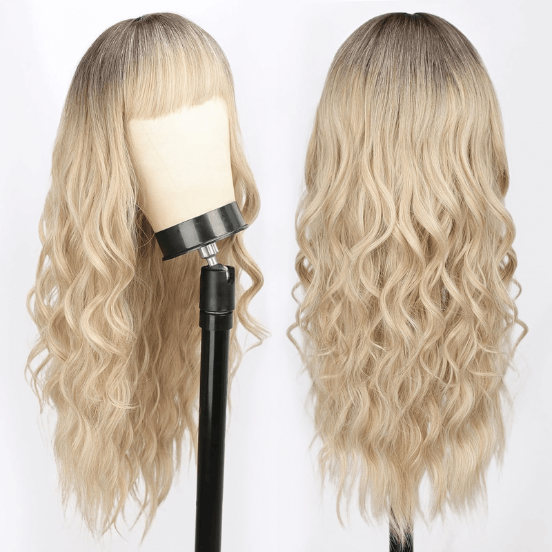 Blonde Wigs with Bangs Long Wavy Curly Ombre Blonde Wig Natural Looking Synthetic Heat Resistant Hair Wigs for Daily Party Wig 26 Inches