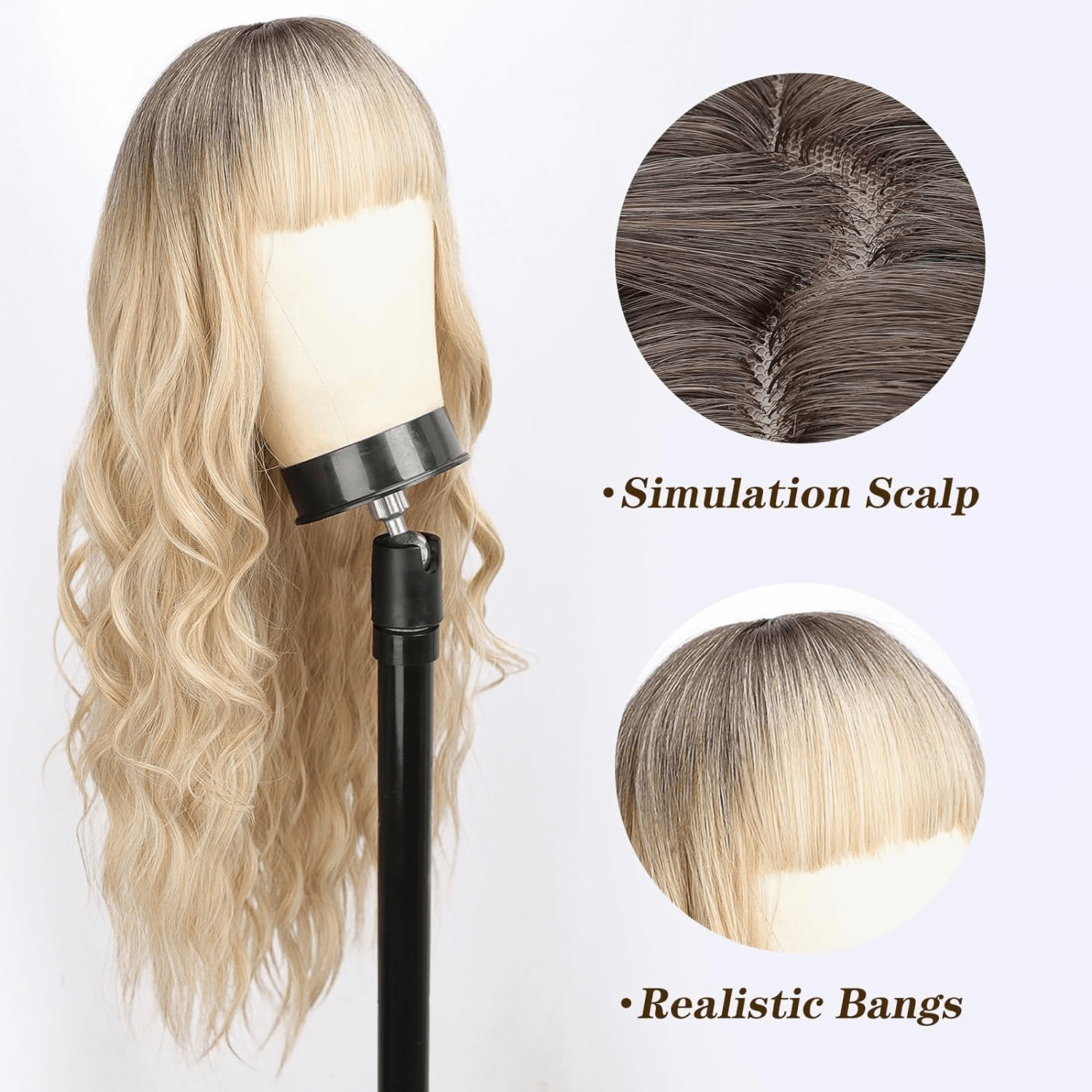 Blonde Wigs with Bangs Long Wavy Curly Ombre Blonde Wig Natural Looking Synthetic Heat Resistant Hair Wigs for Daily Party Wig 26 Inches