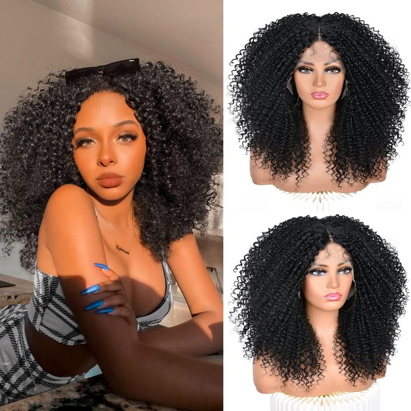 Black Curly Lace front Wigs for Black Women,Lace front Wig Synthetic Hair Pre Plucked Deep Curly Wave