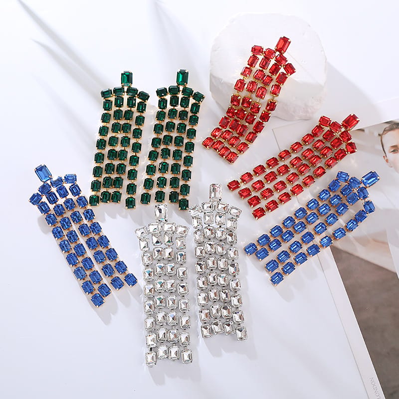 4 Color Rhinestone Oversized Long Tassel Earrings  ﻿