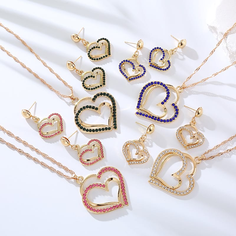 Hollow Heart Shape Inlaid Rhinestone Earrings Necklace Set