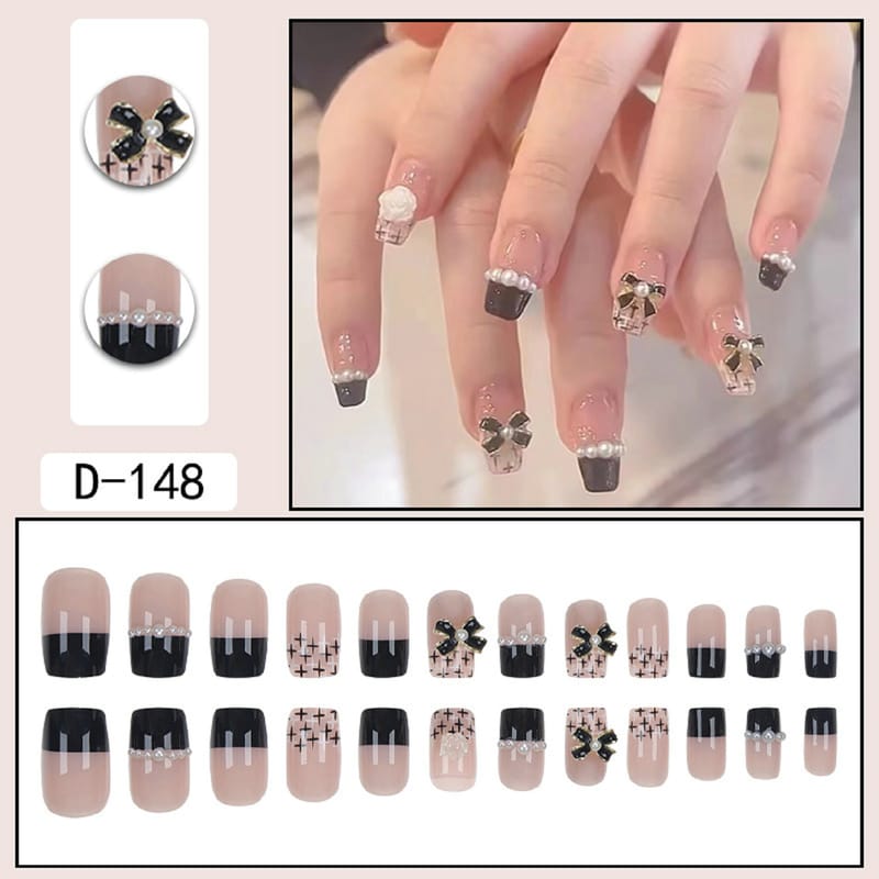 Elegant Parisian Coffin Black and Clear with Chic Pearl Accents Press On Nails