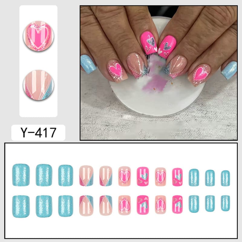 Short Square Sparkling Heart Valentine's Day Press On Nails