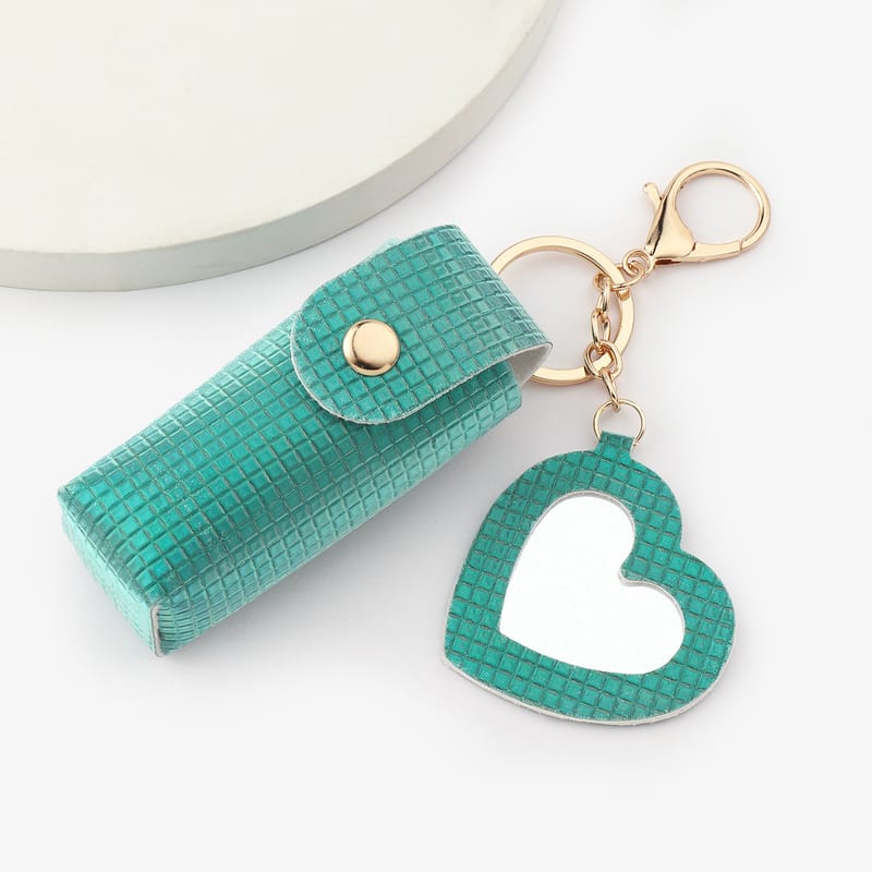 Glossy Checkerboard Texture Lip Gloss & Lipstick Bag Keychain with Heart Mirror