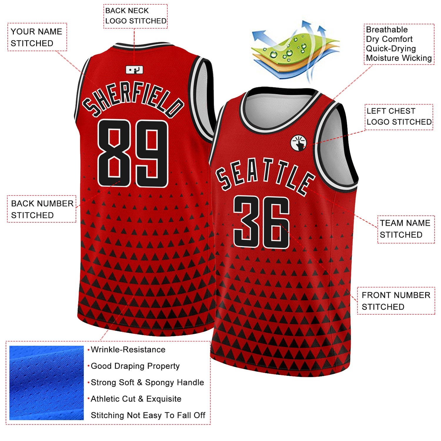 Custom Red Black-White Triangle Shapes Authentic City Edition Basketball Jersey