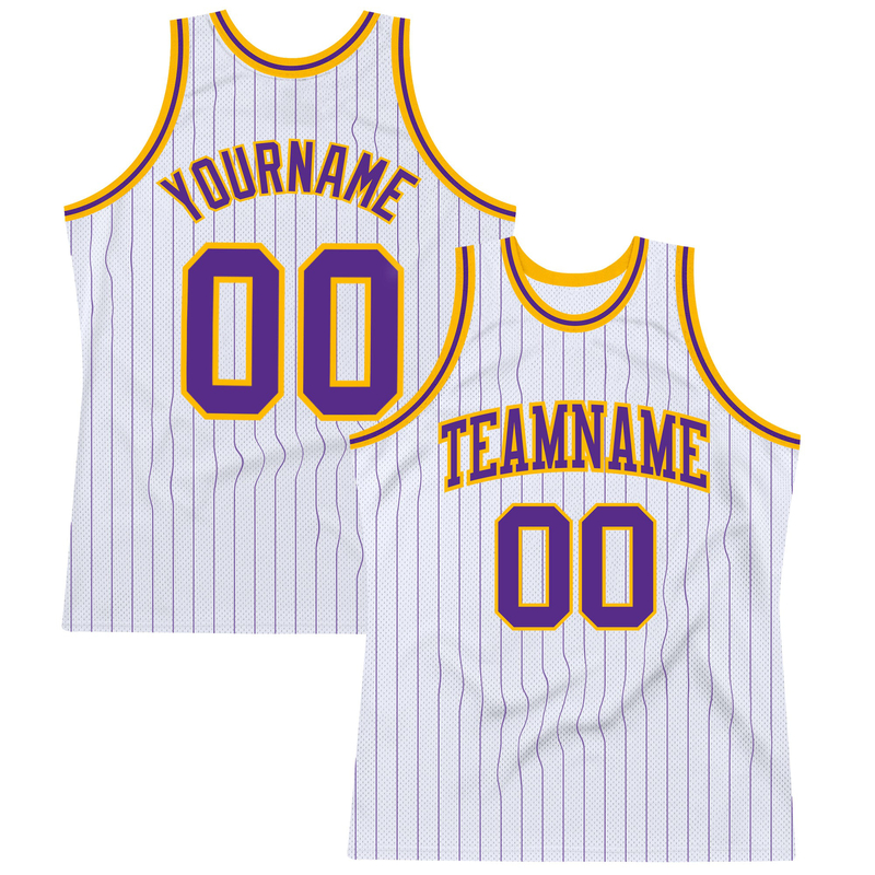 Custom White Purple Pinstripe Purple-Gold Authentic Basketball Jersey