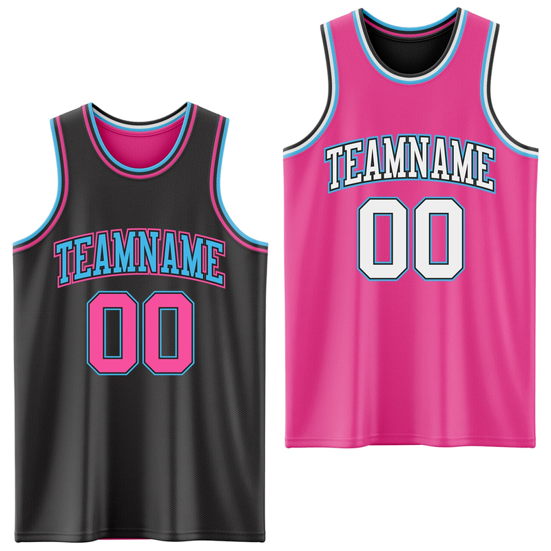 Custom Reversible Black Pink-Sky Blue Double Side Basketball Jersey