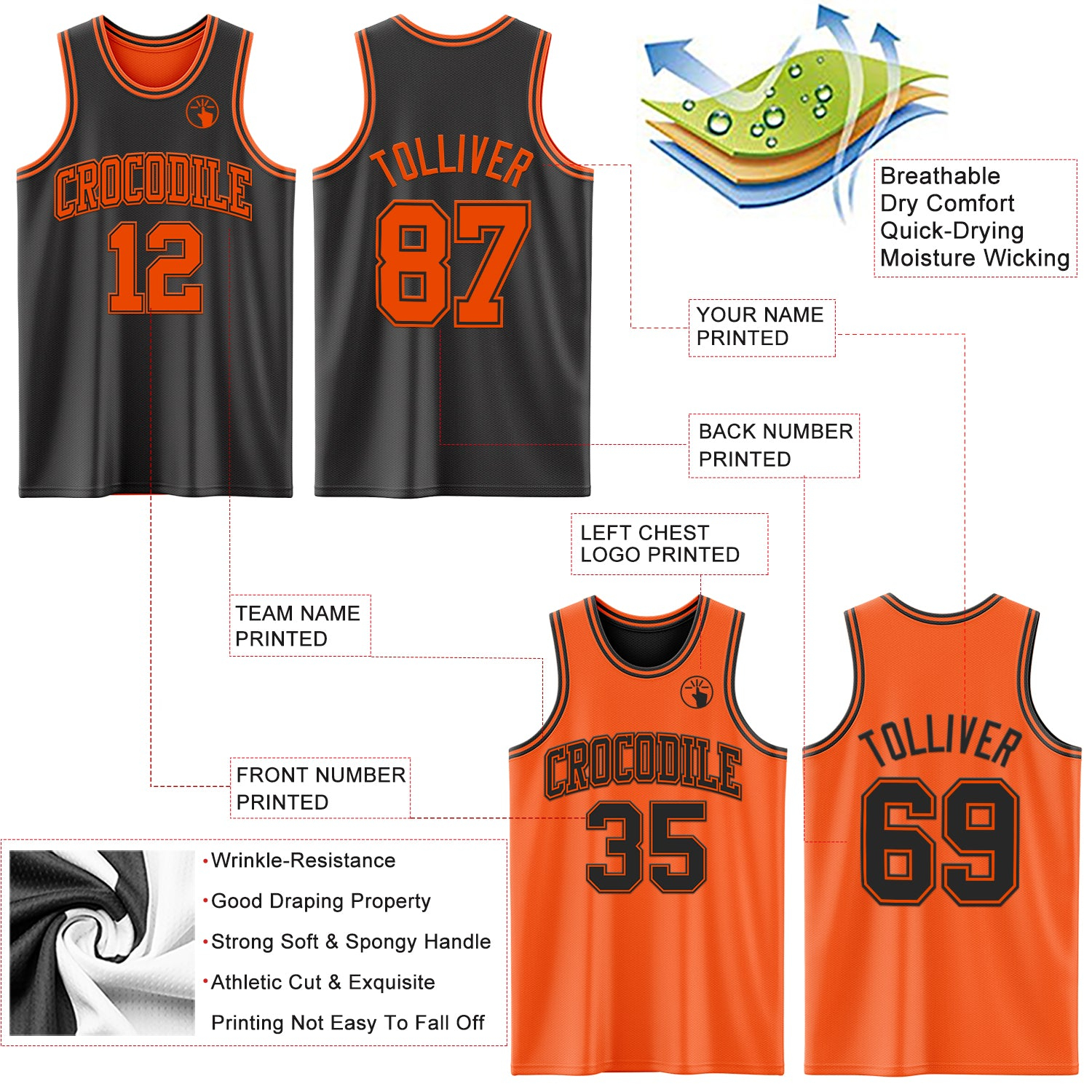 Custom Reversible Black Orange Double Side Basketball Jersey
