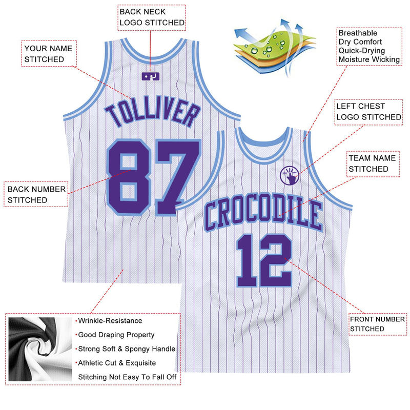 Custom White Purple Pinstripe Purple-Light Blue Authentic Basketball Jersey