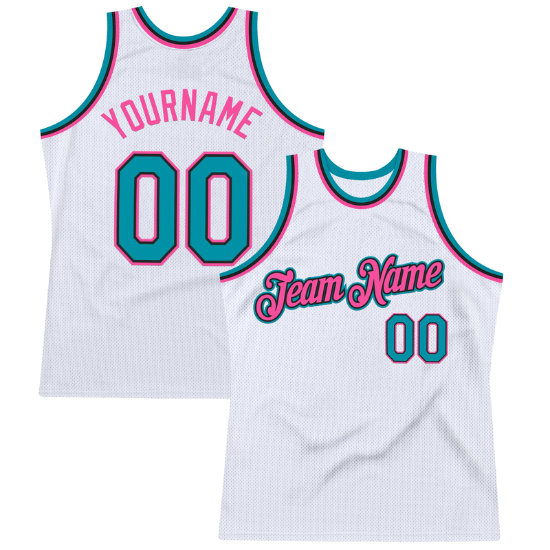 Custom White Teal Black-Pink Authentic Throwback Basketball Jersey