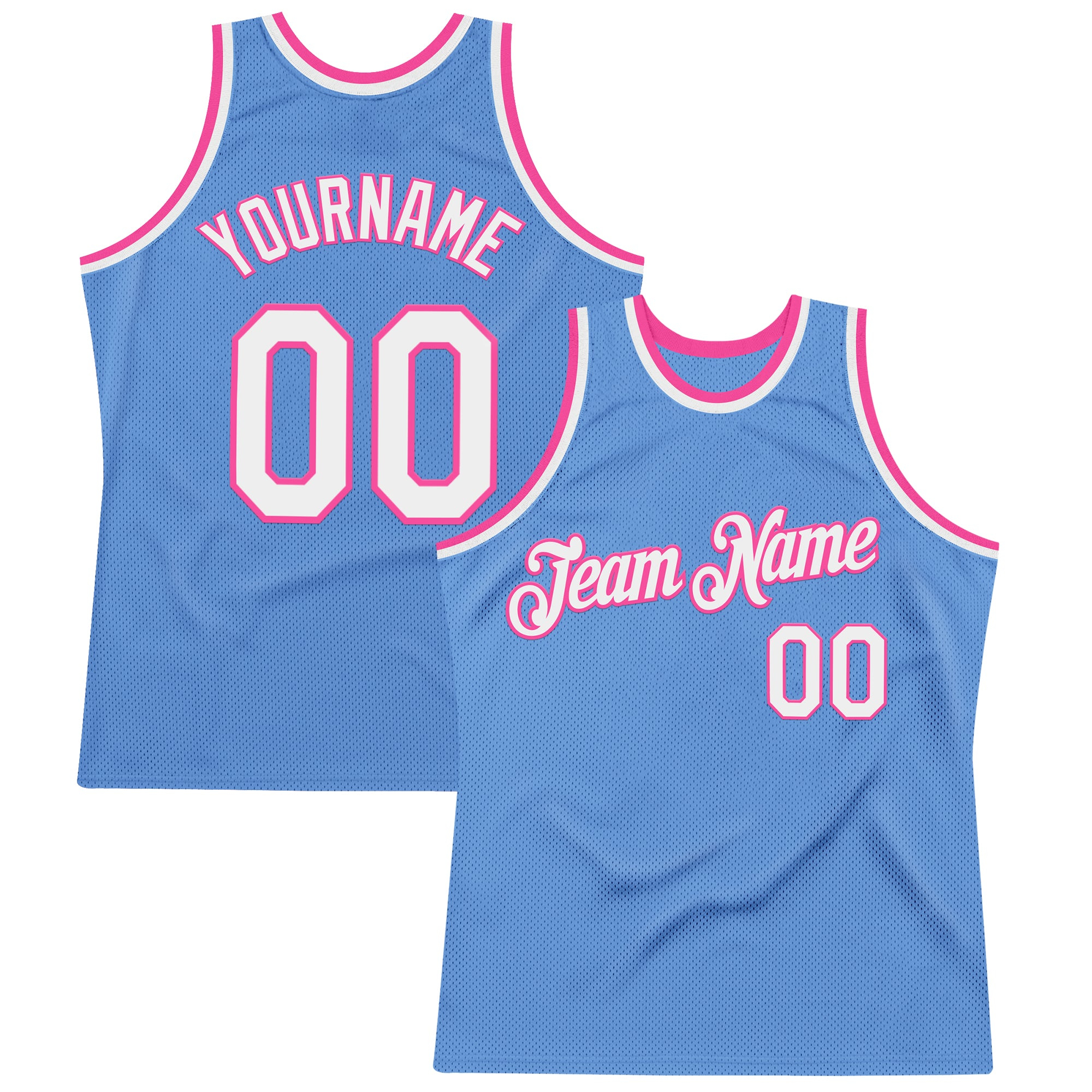Custom Light Blue White-Pink Authentic Throwback Basketball Jersey