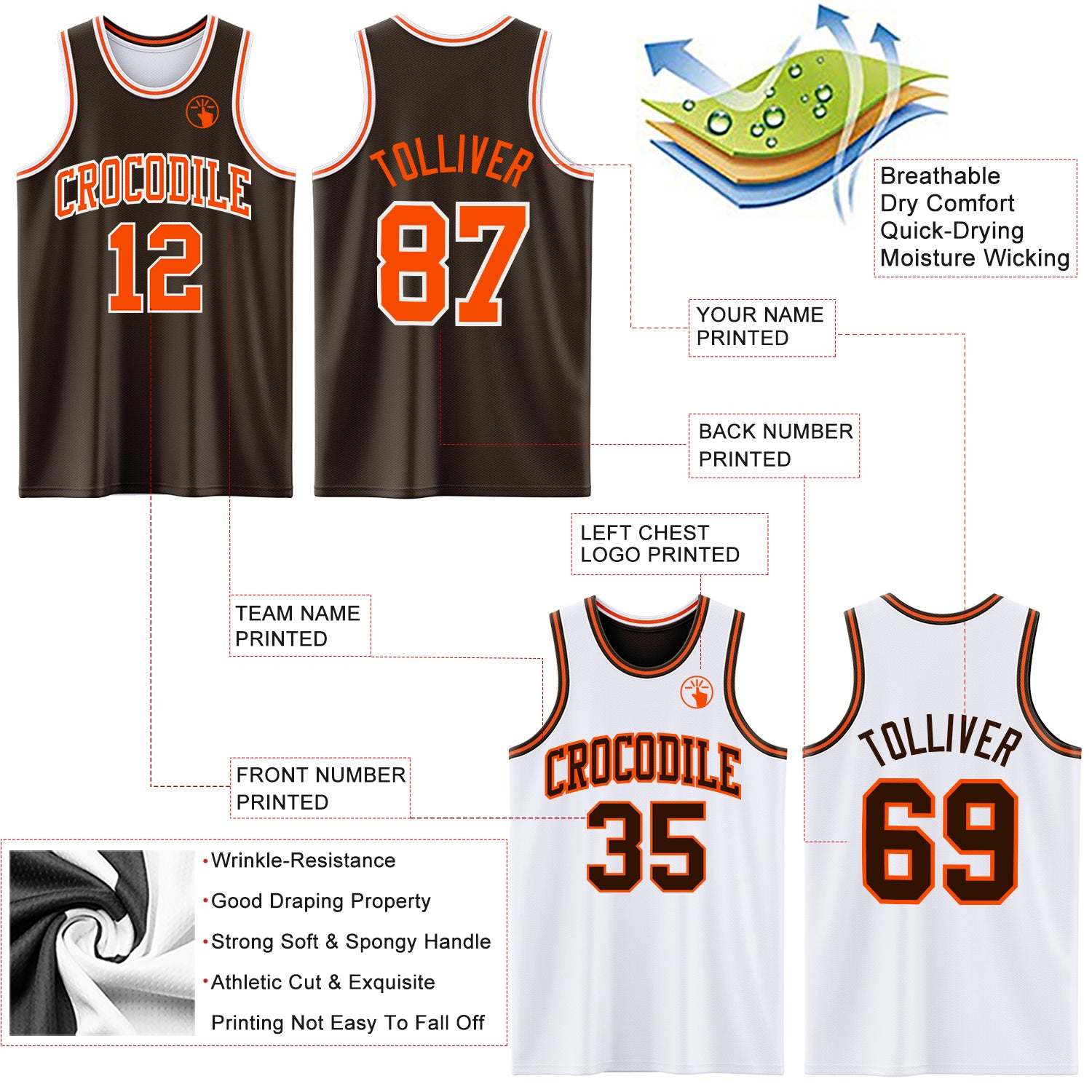 Custom Brown Orange-White Reversible Double Side Basketball Jersey