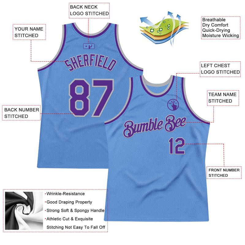Custom Light Blue Purple-Gray Authentic Throwback Basketball Jersey