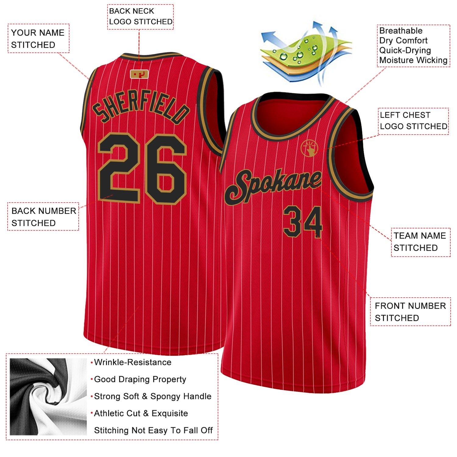 Custom Red White Pinstripe Black-Old Gold Authentic Basketball Jersey