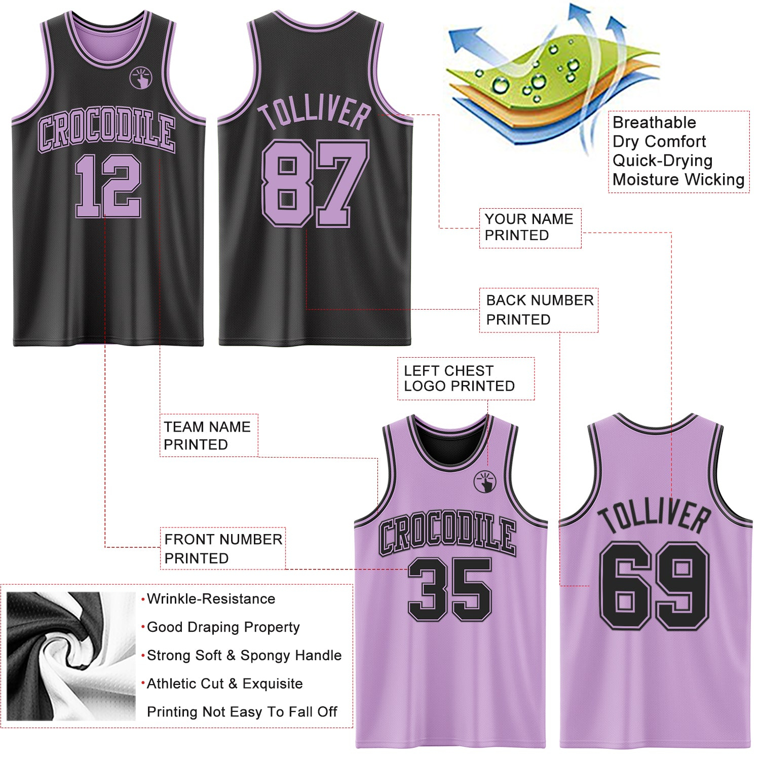 Custom Reversible Black Light Purple Double Side Basketball Jersey