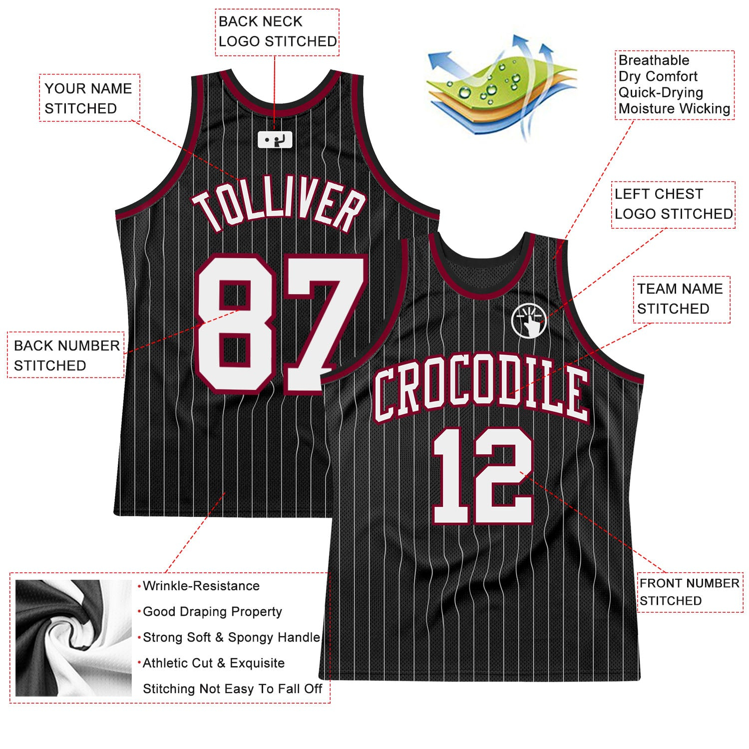 Custom Black White Pinstripe White-Maroon Authentic Basketball Jersey