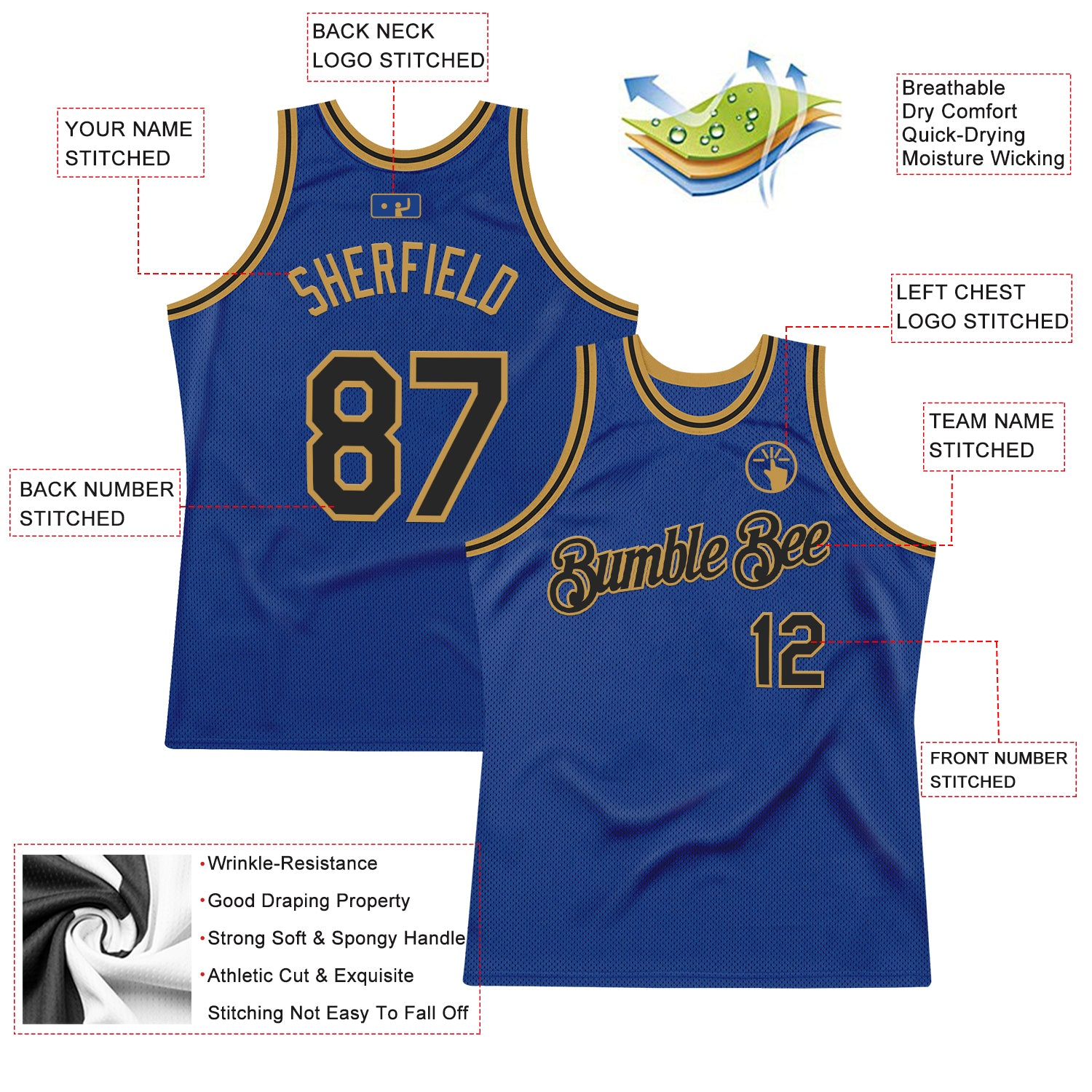 Custom Royal Black-Old Gold Authentic Throwback Basketball Jersey