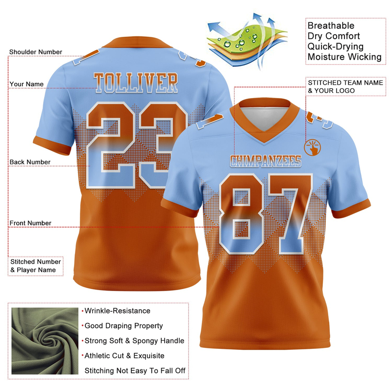 Custom Light Blue Texas Orange-White Mesh Authentic Gradient Square Shape Flag Football Jersey
