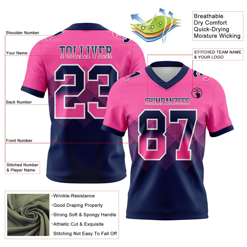 Custom Pink Navy-White Mesh Authentic Gradient Square Shape Flag Football Jersey