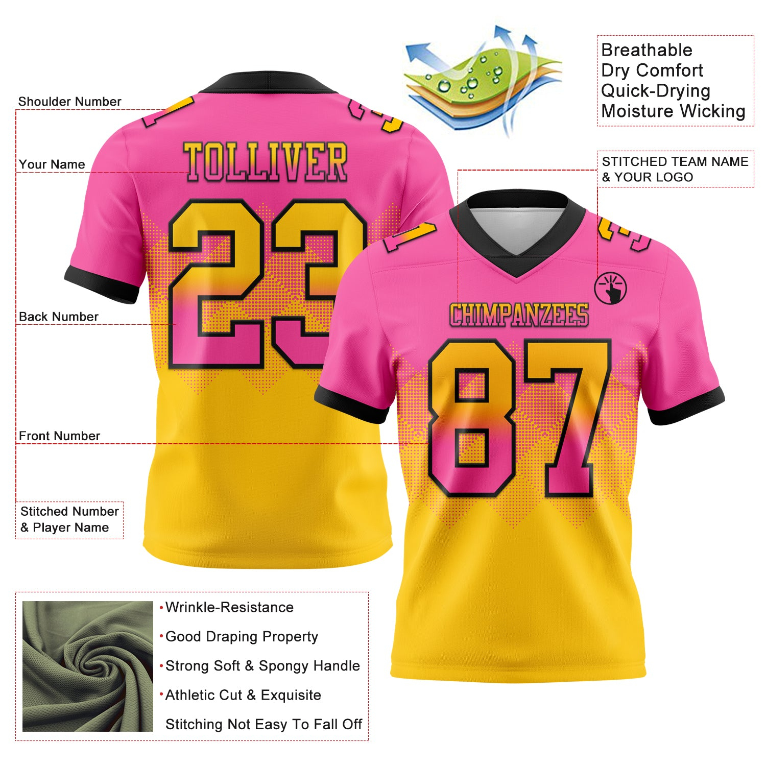 Custom Pink Yellow-Black Mesh Authentic Gradient Square Shape Flag Football Jersey