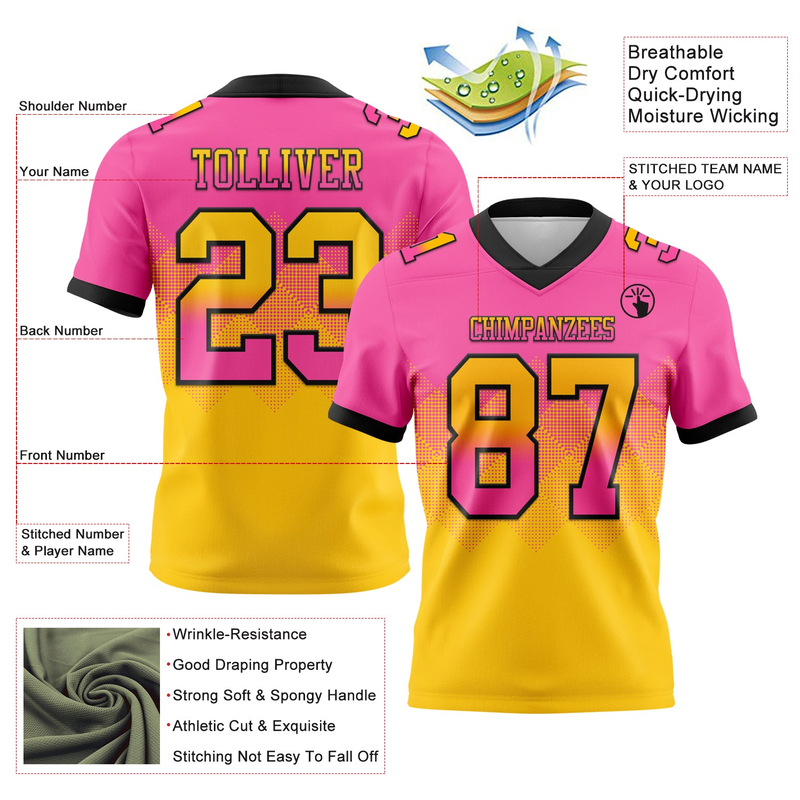 Custom Pink Yellow-Black Mesh Authentic Gradient Square Shape Flag Football Jersey