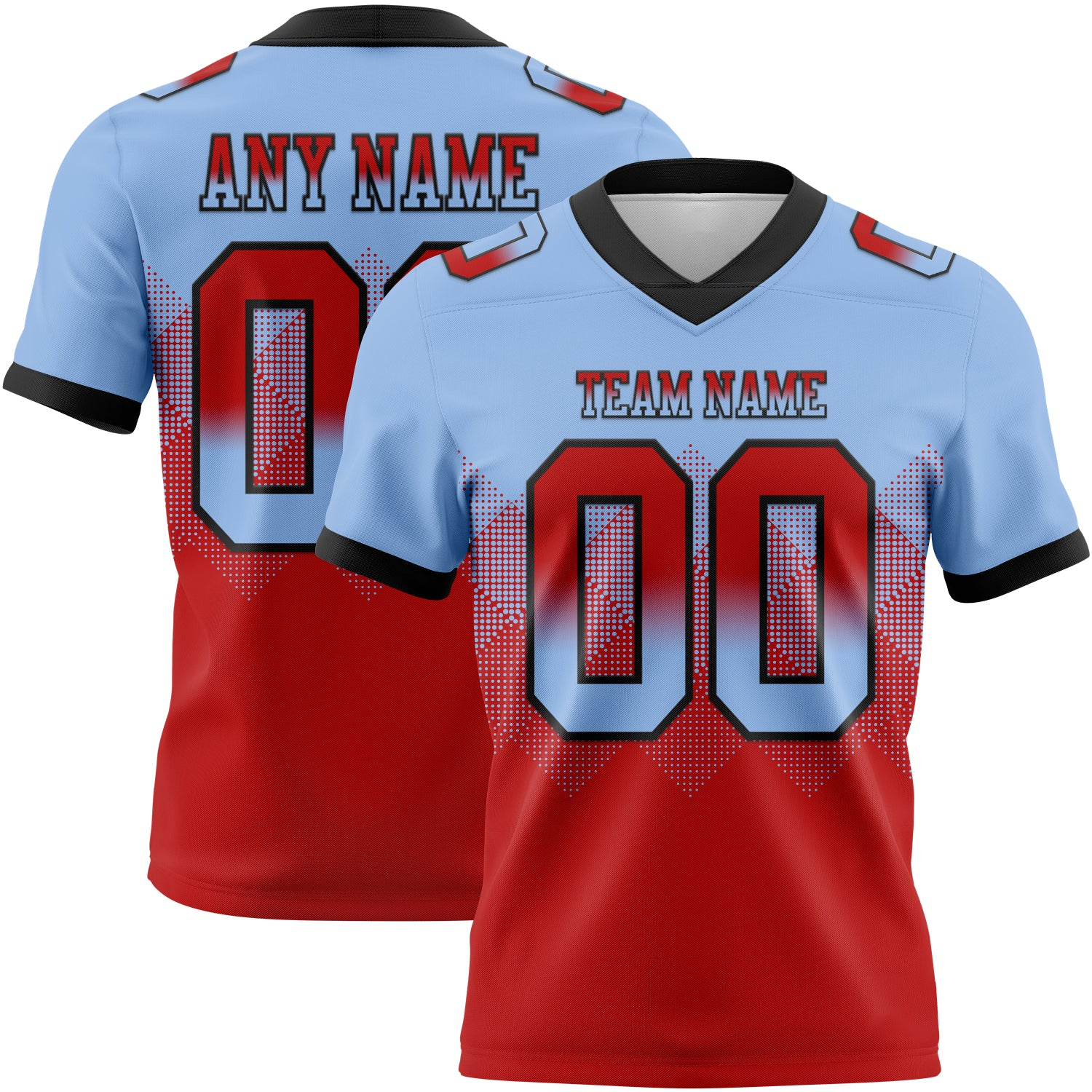 Custom Light Blue Red-Black Mesh Authentic Gradient Square Shape Flag Football Jersey