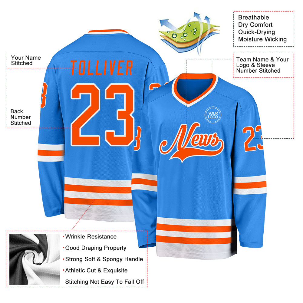 Custom Powder Blue Orange-White Hockey Jersey