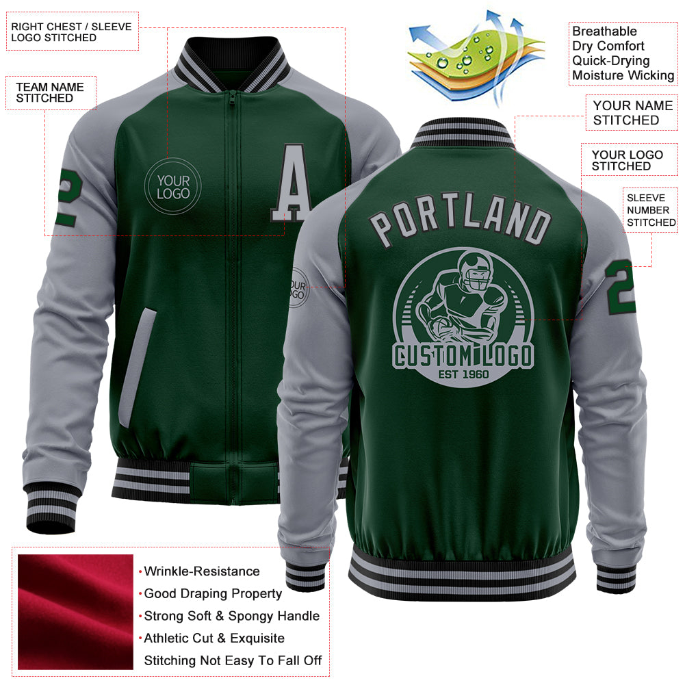 Custom Green Gray-Black Bomber Varsity Letterman Two Tone Zipper Jacket