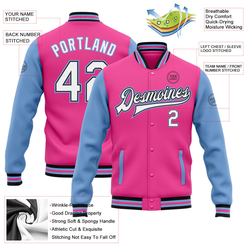 Custom Pink White Black-Light Blue Bomber Full-Snap Varsity Letterman Two Tone Jacket