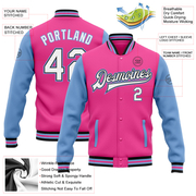 Custom Pink White Black-Light Blue Bomber Full-Snap Varsity Letterman Two Tone Jacket