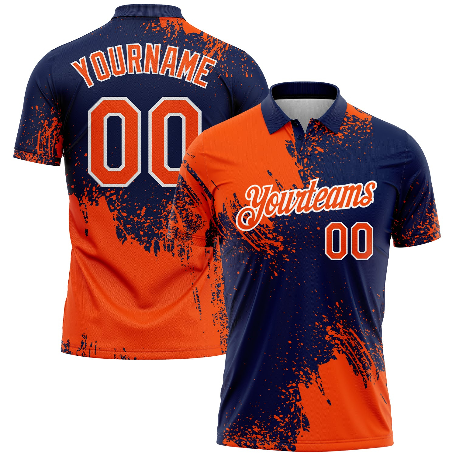 Custom Orange Navy-White 3D Pattern Design Abstract Brush Stroke Performance Polo Shirt