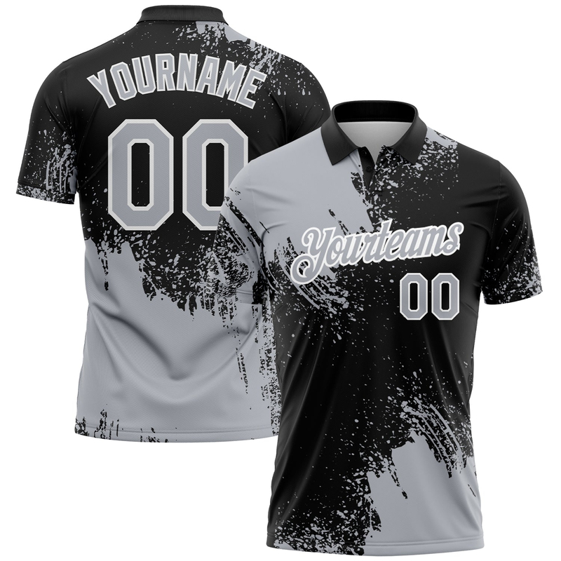 Custom Gray Black-White 3D Pattern Design Abstract Brush Stroke Performance Polo Shirt