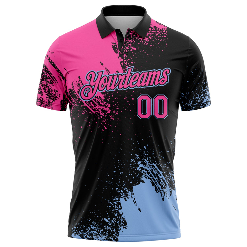 Custom Pink Black-Light Blue 3D Pattern Design Abstract Brush Stroke Performance Polo Shirt