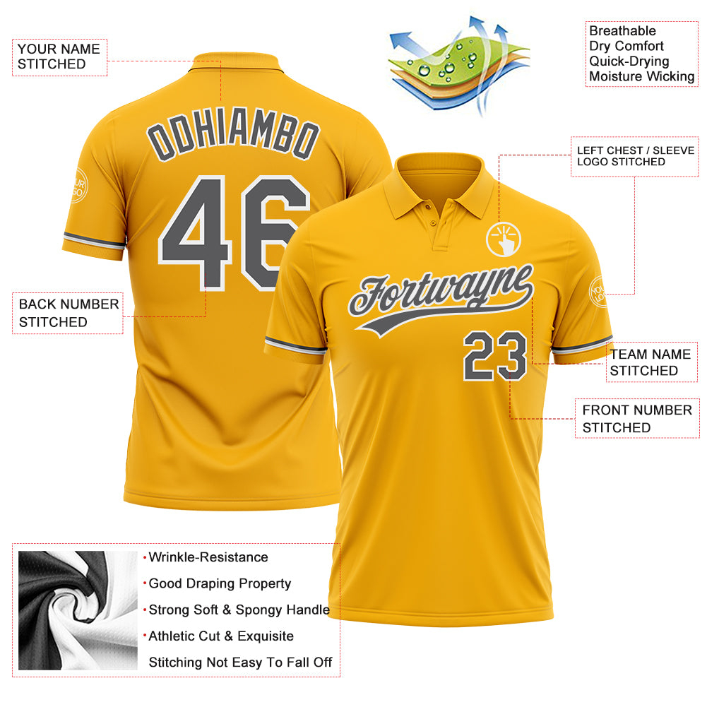 Custom Gold Steel Gray-White Performance Vapor Golf Polo Shirt