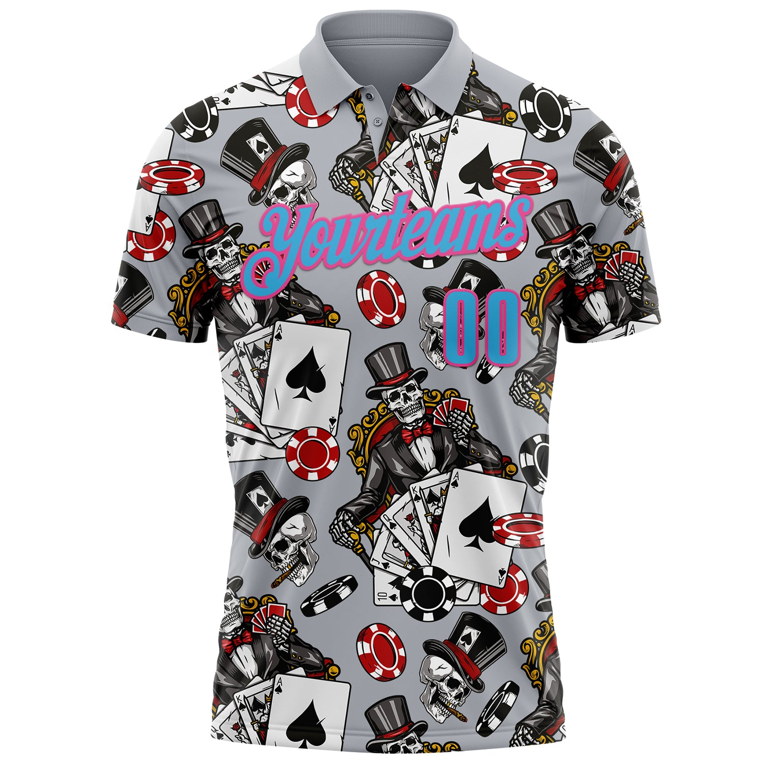 Custom Gray Sky Blue-Pink 3D Gambling Poker Performance Polo Shirt