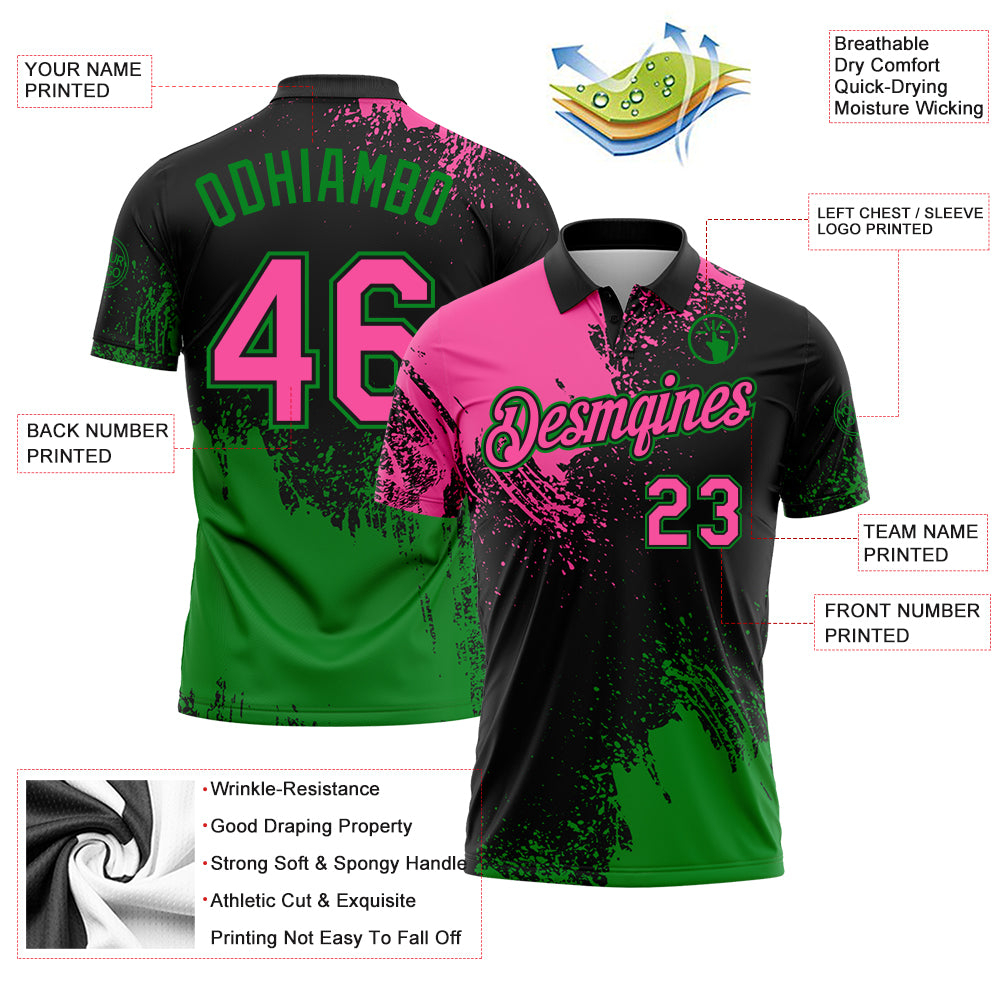 Custom Pink Black-Grass Green 3D Pattern Design Abstract Brush Stroke Performance Polo Shirt