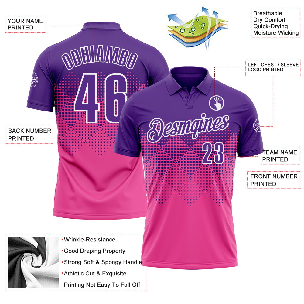 Custom Purple Pink-White 3D Pattern Design Gradient Square Shape Performance Polo Shirt