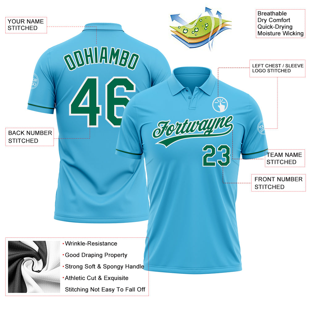 Custom Sky Blue Kelly Green-White Performance Vapor Golf Polo Shirt