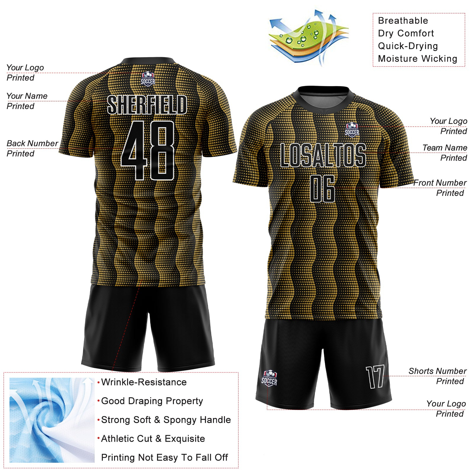 Custom Black Old Gold-White Geometric Shape Sublimation Soccer Uniform Jersey