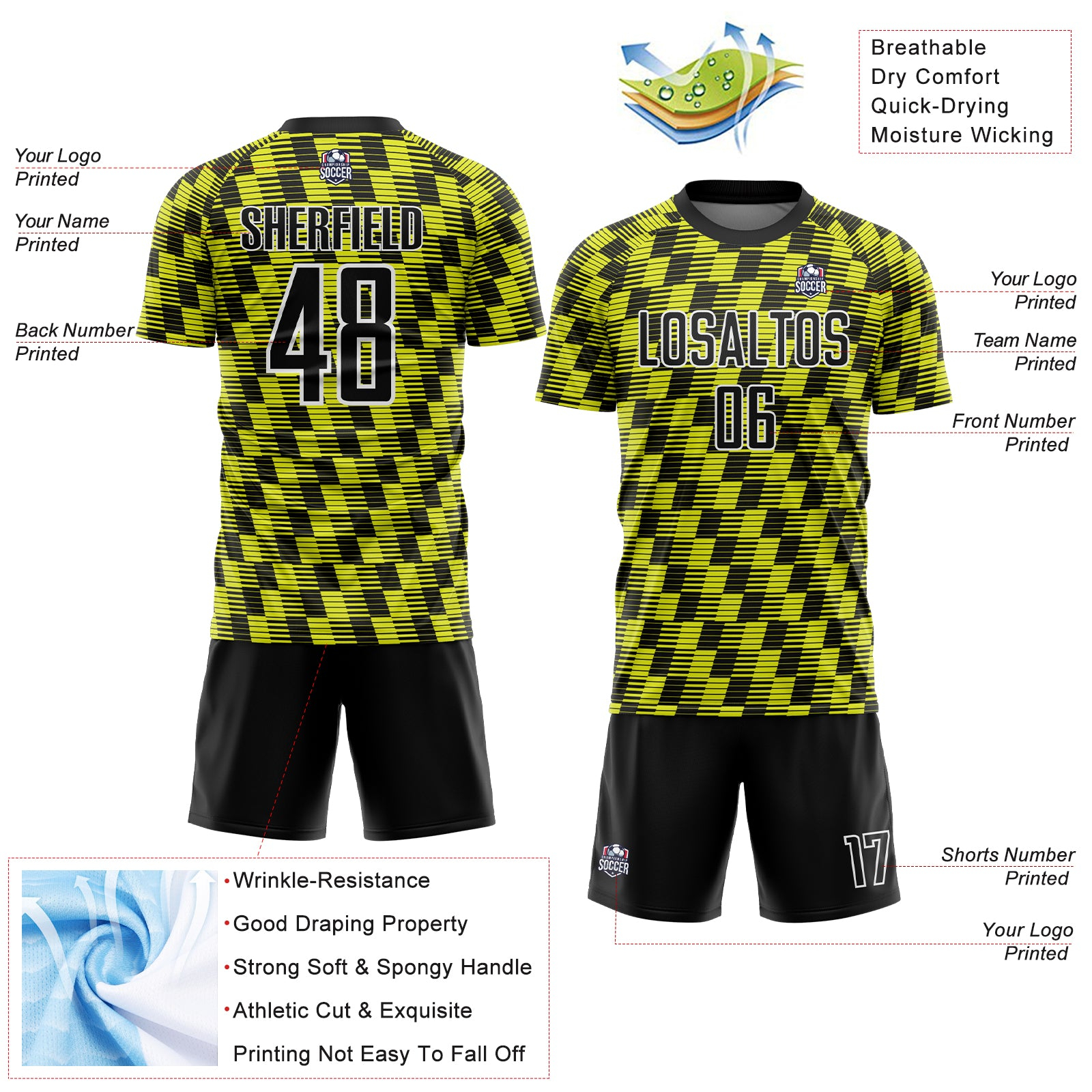 Custom Black Neon Yellow-White Line Sublimation Soccer Uniform Jersey