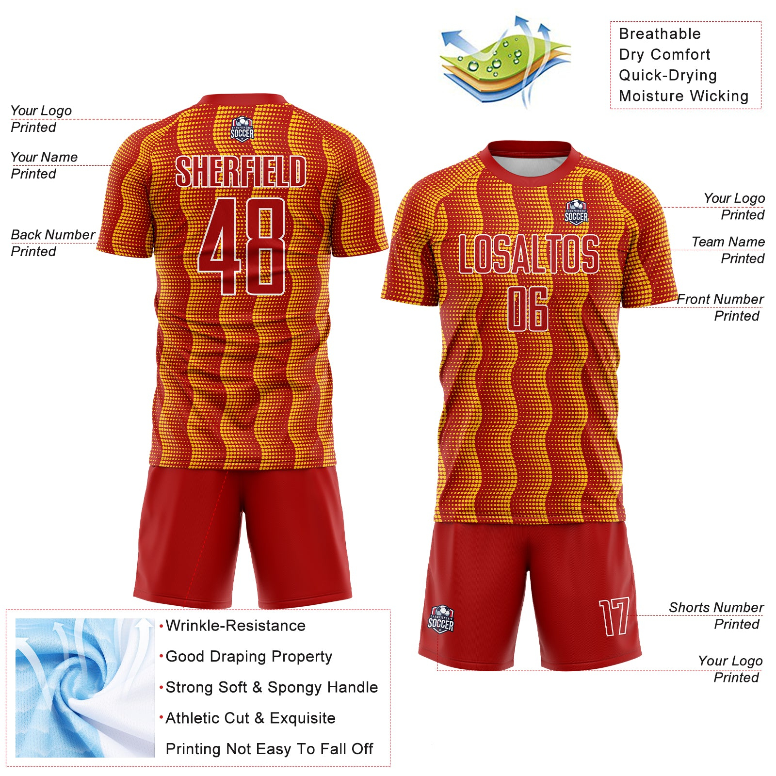 Custom Red Yellow-White Geometric Shape Sublimation Soccer Uniform Jersey