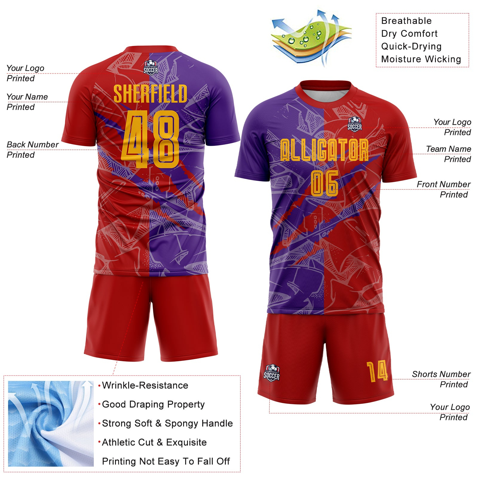 Custom Graffiti Pattern Yellow Red-Purple Scratch Sublimation Soccer Uniform Jersey