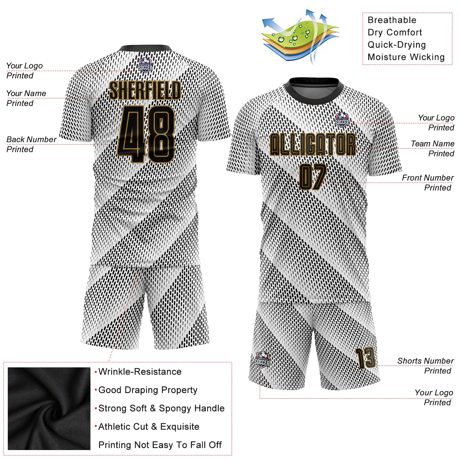 Custom White Black-Old Gold Sublimation Soccer Uniform Jersey