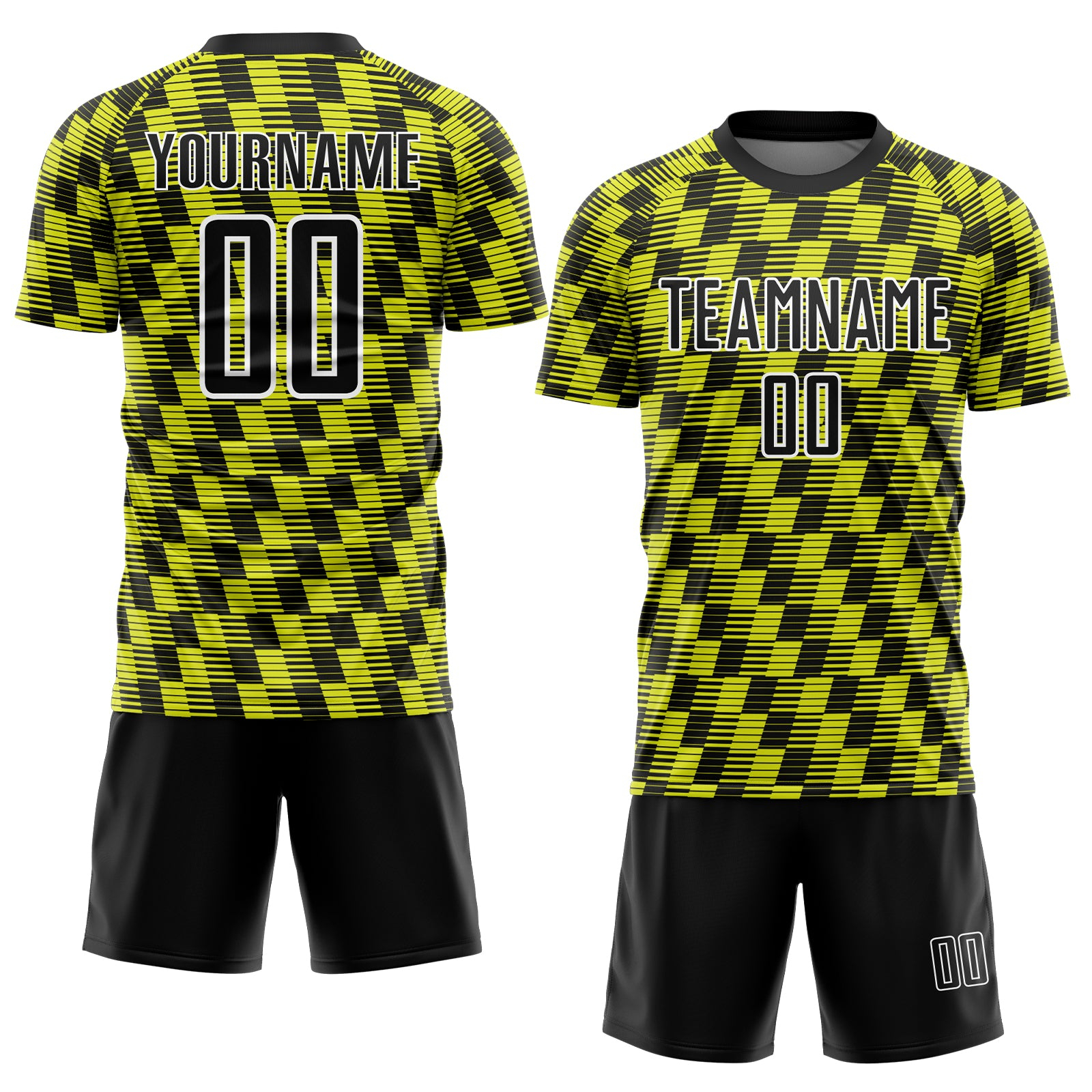 Custom Black Neon Yellow-White Line Sublimation Soccer Uniform Jersey