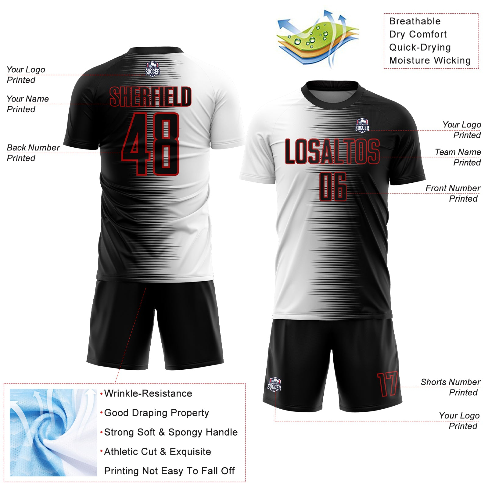 Custom Black White-Red Gradient Line Sublimation Soccer Uniform Jersey