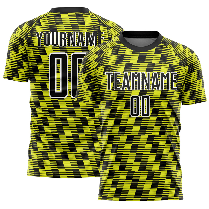Custom Black Neon Yellow-White Line Sublimation Soccer Uniform Jersey