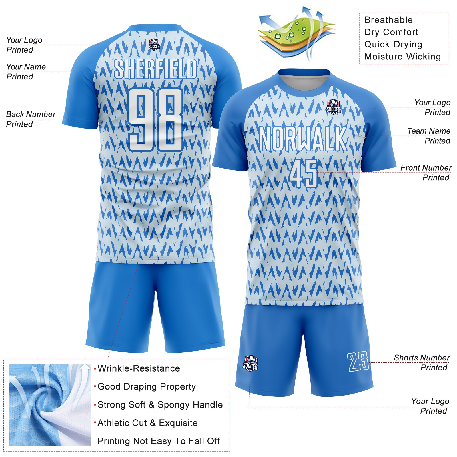 Custom Powder Blue White-Silver Abstract Geometric Pattern Sublimation Soccer Uniform Jersey
